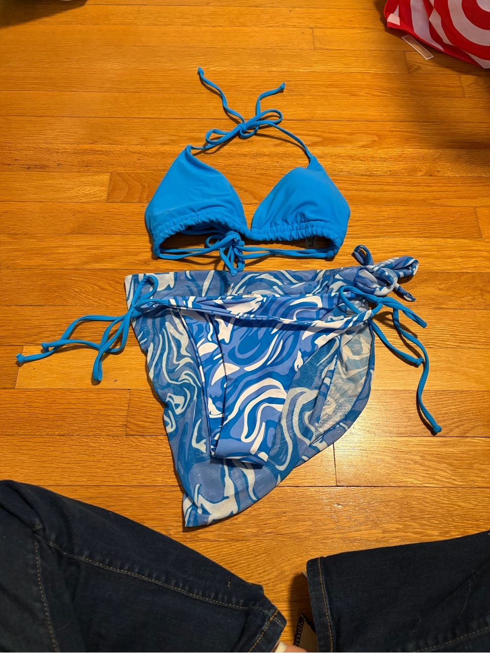 Blue Three -Piece Swimsuit with Swirl Print Sarong